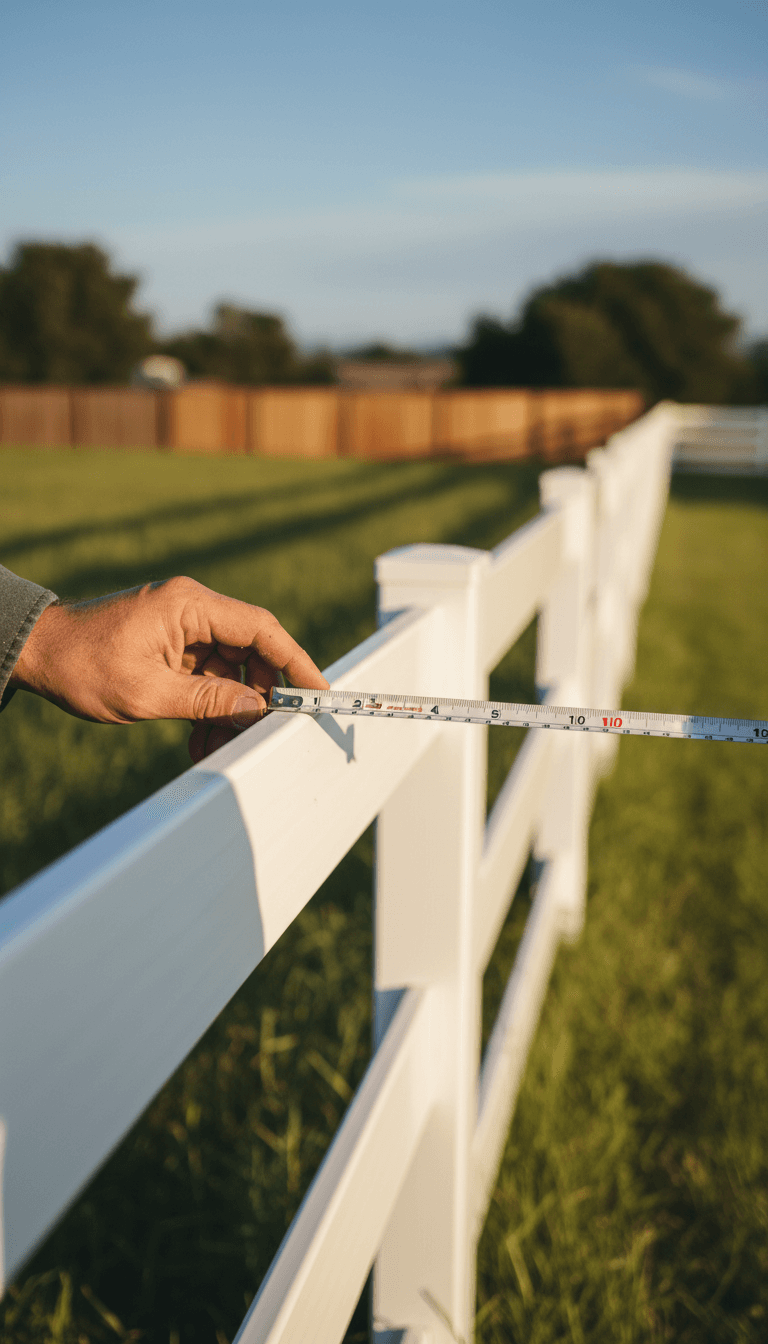 Contractor inspecting a vinyl fence panel with a measuring tape